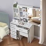 Saicheng White Dressing Table with Lighted Mirror and Chair, Vanity Table with Dimmable Lights, Vanity Desk with Drawers for Women