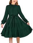 Arshiner Girls Long Sleeve Dress Tween Fall Formal Party Holiday Midi Tiered Flowy Swing Dresses with Belt 5-13 Y Dark Green