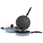 Fackelmann Cologne cookware Sets, 4 Pcs Gift Pack | Induction | 28 CM Tawa for Roti/Dosa, 24 CM Frying Pan, 28 CM/2.5 Liter Nonstick Kadai, Glass Lid| 3 Layer Non Stick Greblon Coating