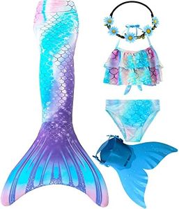 Wfundeals Mermaid Tails for Swimming with Monofin Swimsuit Costume Cosplay, Princess Bikini Set, Azure Blue, 7-8 Years