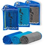 Fit-Flip Set of 3 Cooling towel - cool down towel - microfibre ice towel for sport and sweat - stay cool Airflip towel for neck - cold towel (dark blue-green/grey-blue/blue-dark blue, 100x30cm)