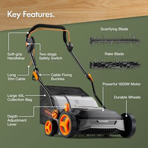 VonHaus Electric Lawn Scarifier & Aerator – 1600W, 45L Box, 37cm Width