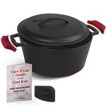 Cuisinel Cast Iron Dutch Oven - 5-Quart Deep Pot + Lid + Pan Scraper + Handle Cover Grips - Large Pre-Seasoned Cooker for Baking Bread, Soup, Frying - Indoor/Outdoor Kitchen, Camping, Fire, BBQ Safe