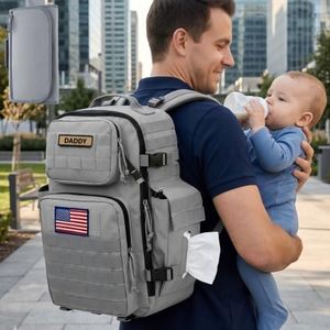 SHARKMOUTH Military Diaper Bag for Tech-Dads: 40L Large Capacity with 14" Laptop Sleeve/Insulated Pockets/Changing Mat - 900D Polyester with MOLLE System for Business Travel/WFH/Commute (Grey)