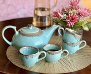 Praahi Lifestyle Tea Cup Set with Kettle | Ceramic Tea Set Premium Handcrafted | Glazed Turquoise Finish| 4 Cups (150ml), 1 Kettle (1000ml) Microwave Safe. Best Diwali Gifts for Friends & Family