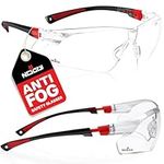 NoCry Clear Safety Glasses for Work with Anti Fog Scratch Resistant Wrap-Around Lenses and Non-Slip Grips, UV Protection. Adjustable Eye Protection Cycling and Squash Glasses with Black & Red Frames