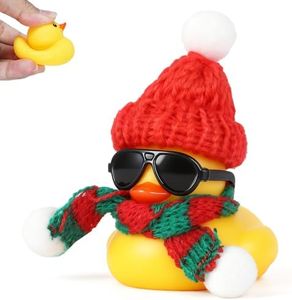 FINEED Rubber Duckie with Knitted Hat, Scarf & Sunglasses - Mini Rubber Duck Ornament for Car Dashboard & Home Decor, Squeaky Fun, Winter Rubber Ducks Decoration