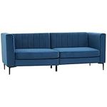 HOMCOM Modern 3-Seater Sofa, 78" Channel Tufted Sofa Couch with Velvet Fabric Upholstery, Steel Legs and Bed Slats for Living Room, Bedroom and Flat, Blue