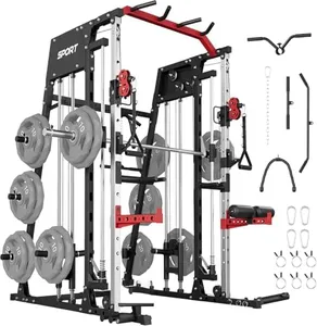 Festisoul Smith Machine Home Gym – Power Cage with Smith Bar, LAT Pulldown, Cable System & Attachments – 2200LBS Capacity, Red & Black, Compact for Home Use