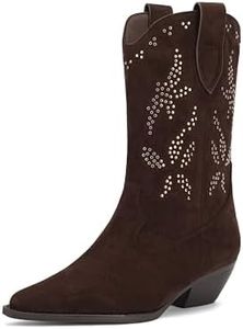 Rogerdream Women's Black Suede Cowgirl Boots, Mid-Calf, With Silver Stud Embellishments Brown Size 9