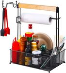 VIKEYHOME Grill Caddy, Picnic BBQ Organizer for Camping Outdoor Mesh Basket with 3 Hanging Hooks and Paper Towel Holder, Ideal Table Storage Tools for RV Camper/Tailgating/Flatware