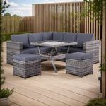 Club Rattan Garden Furniture Lille 7-seater Compact Corner Sofa with Dining Table and 2 Stools in Grey Rattan