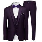 MAGE MALE Men's 3 Pieces Suit Elegant Solid One Button Slim Fit Single Breasted Party Blazer Vest Pants Set Purple