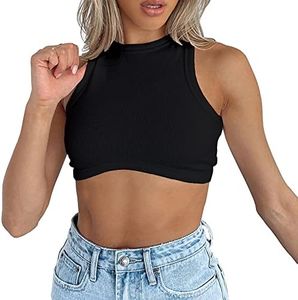 Abardsion Women's Crew Neck Racerback Knit Ribbed Basic Sleeveless Crop Tank Tops, Black, Small