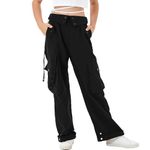 Rolanko Girls Baggy Cargo Trousers, Elastic High Rise Waist with Multi Pockets Wide Leg Cargos Pants for Kids, Black, Size: 150/10-11 Years