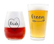 Cute Wedding Gifts - Bride and Groom Novelty Wine Glass & Beer Glass Combo - Engagement Gift for Couples