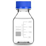 stonylab Graduated Storage Bottles with GL45 Screw Cap, 250 ml Borosilicate Glass Clear Round Lab Reagent Media Storage Bottles with Blue Screw Cap, 1 Pack