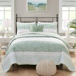 Madison Park Quilt Set, Seersucker Floral Coverlet for Queen Size Bed, All Season Lightweight Bedding, Farmhouse Quilt Set, Vermicelli Quilting, Throw Pillow, Caralie, Full/Queen Green 4 Piece