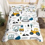 Loussiesd Cartoon Car Kids Bedding Set Construction Bedding Duvet Cover Decor Equipment Trucks Comforter Cover Cartoon Car Excavator Tractor White Yellow Bedspread Cover Bedroom Double 3Pcs