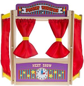 Hey! Play! Wooden Tabletop Puppet Theater with Curtains, Blackboard, and Clock- Inspires Imagination and Creativity for Kids, Boys and Girls