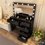 onesaimei Makeup Vanity Desk with Large Mirror and LED Lights, 4 Drawer Vanity Table with Lighted Mirror, Large Desktop Dressing Vanity Table for Women