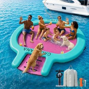 CALOBANA 10FT Water Hammock with Ramp, Inflatable Round Floating Ring with Ladder for Adults Pets, Heavy Duty Floating Dock with Dog Ramp Cup Holder Tanning Raft for Lake, River, or Boat Party