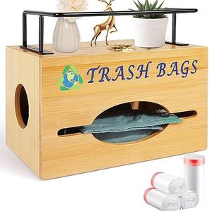 Dawnarriv Trash Bag Dispenser, Kitchen Garbage Bag Holder, Bamboo Trash Bag Organizer, Wall Mounted or on Countertop, Compatible with Big and Small Plastic Bags Rolls