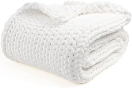 YnM Velvet Weighted Blanket, Handmade Chunky Knitted Design, Soft and Cozy, Temperature Regulating and Breathable, Machine Washable Throw for Sleep or Home Decor (White, 80x87 Inch, 25lbs)