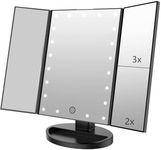 DEHLER Tri-fold Lighted Vanity Makeup Mirror with 3x/2x/1x Magnification, 21Leds Light and Touch Screen,180 Degree Free Rotation Countertop Cosmetic Mirror,Travel Makeup Mirror (Black)