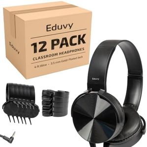 Eduvy Bulk Headphones for Classroom, 12 Pack Durable Wired School Headphones for Students. Teacher Must Haves Supplies from Elementary to College (Black Color)