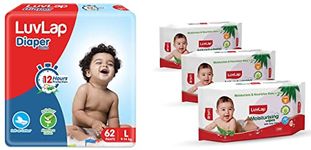 LuvLap Baby Diaper Pants L Size, with Aloe Vera Lotion for rash protection, Pack of 62 Count, with upto 12Hr protection For babies of 9 to 14Kg & Mositurising wipes for baby skin with Aloe Vera