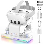 GEEKERA Charging Dock for Meta Quest 3, VR Headset & Controllers Charging Stand with RGB LED Light [On/Off], VR Accessories with 2 Rechargeable Batteries for Oculus Quest 3, Fast Charging Station