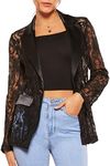 WDIRARA Women's Floral Lace Mesh One Button Lapel Neck Long Sleeve Elegant Jacket Blazer Black Solid 4XL