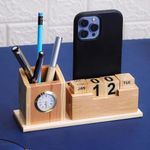 GENIYO Wooden Pen Holder with Clock, Infinity Calendar, Business Visiting Card and Mobile Stand | Pen, Pencil and other Stationary Organizer for Office Desk and Study Table. (Infinity)