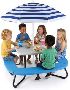 Costzon Kids Picnic Table, 8 Person Kids Outdoor Table and Chairs with Foldable & Adjustable Umbrella, 4 Built-in Benches, Toddler Outdoor Furniture for Backyard, Patio, Garden (Blue)
