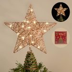 WHOLEV Rose Gold Christmas Tree Topper, 25CM Rose Gold Wire Glitter Tree Toppers with Timer, Battery or USB Powered, 20 LED Lights Lighted Star Tree Topper Home Ornament for Christmas Tree Decoration