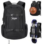 Ronyes Skateboard Backpack, Skateboard Bag,17.3 Inch Laptop Backpack with USB Charging Port, Basketball Longboard Backpack for Sports Travel Black