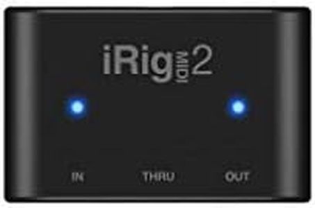 IK Multimedia iRig MIDI 2 universal MIDI interface with In, Out, and THRU ports, activity indicators for iPhone, iPad, Android, Mac, PC