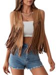 SweatyRocks Women's Suede Fringe Trim Sleeveless Crop Vest Jacket Button Front Coat, Pure Brown, Large