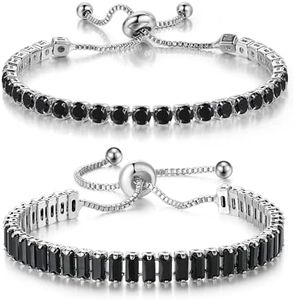 GEMOSA 2 PCS Tennis Bracelet Set Silver Plated with Black Cubic Zirconia Adjustable Length Bracelets Stackable Wedding Gift for Women Wife Mom