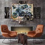 Modern House Decoration Wall Art Steampunk Style Motorcycle Painting on Canvas Black Leather Picture Premium Quality Artwork 5 Piece Wall Art work Framed Ready to Hang Poster and Prints(60''Wx40''H)