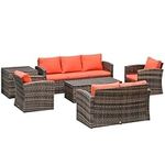 Outsunny 6 Piece Patio Furniture Set, Rattan Wicker Patio Sofa Set Sectional Outdoor Conversation Sofa Set Storage Table & Cushions, Orange