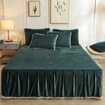 LIFEREVO Luxury Pom Poms Velvet Bed Skirt, Velvet Wrap Around Bed Skirt, Quilted Fitted Bed Sheet Bedskirt, 18 Inch Drop Dust Ruffle Decorative Bed Skirt Pompoms Fringe(Twin/Twin XL, Dark Green)