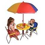 Relsy Kids Patio Set Multicoloured Outdoor Table And Chair Set - 2 X Folding Chair, Collapsible Picnic Table, Folding Umbrella - 4 Piece Garden Furniture Set For Children