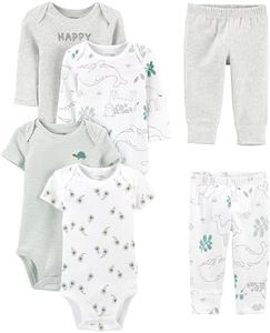 Simple Joys by Carter's Unisex Babies' 6-Piece Bodysuits (Short and Long Sleeve) and Pants Set, Grey Heather/White Animal Print/Avocados/Stripe/Text Print, 12 Months