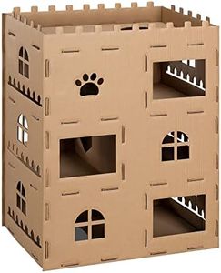 Navaris Cardboard Cat Castle - Card-Board Play House for Cats - Cardboard Cat Toy Tower - Pet Playhouse Hideout Fort - 38.2" x 28.7" x 19.7"