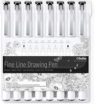 Black Fineliner Drawing Pen, Ohuhu Set of 8 Pack Ultra Fine Line Drawing Markers, 8 Assorted Tip Sizes, 7 Fine Tip Markers with a Brush Tip, Black Ink for Markers Painting, Invitation Card Writting