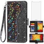 Asuwish Phone Case for Samsung Galaxy Note 3 Wallet Cover with Tempered Glass Screen Protector and Wrist Strap Flip Credit Card Holder Bling Glitter Stand Cell Glaxay Note3 N9005 Women Girls Black