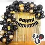 Mystic Toy Store Birthday Decoration Items Golden Black Theme Combination for Boys Girls| 50 Pc Gold Black Balloon | 2 Pc Gold Foil Curtain | Black Birthday Banner | Pump | Arch Tape | Glue Dots