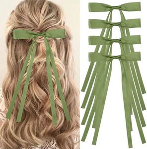 Vodolo Green Hair Bows for Women,4 PCS Large Bow Hair Clips Tassel Ribbon Bowknot With Long Tail,Ribbon Hair Bows Barrettes for Thick Thin Hair,Nonslip Hair Accessories Christmas Birthday Gifts